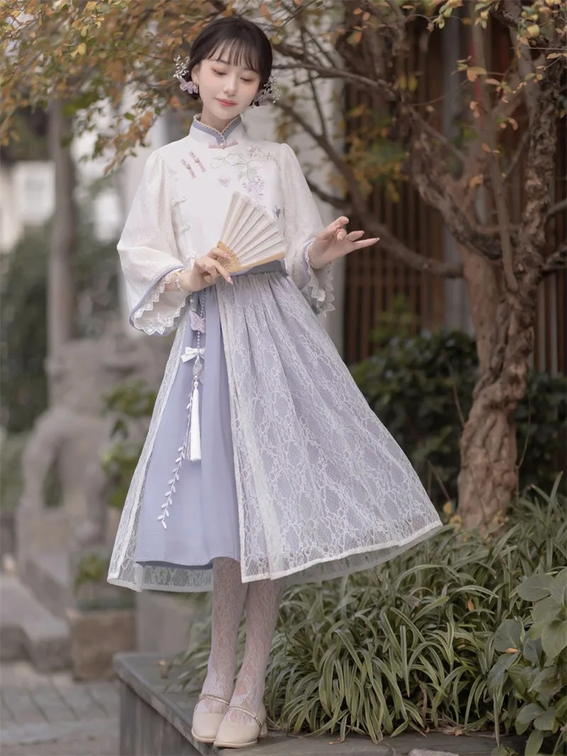 

Wisteria Woman Lolita Skirt Set Retro Chinese Style Dress Suit Girl Improved Han Elements Plate Buckle Top Half Skirt Set