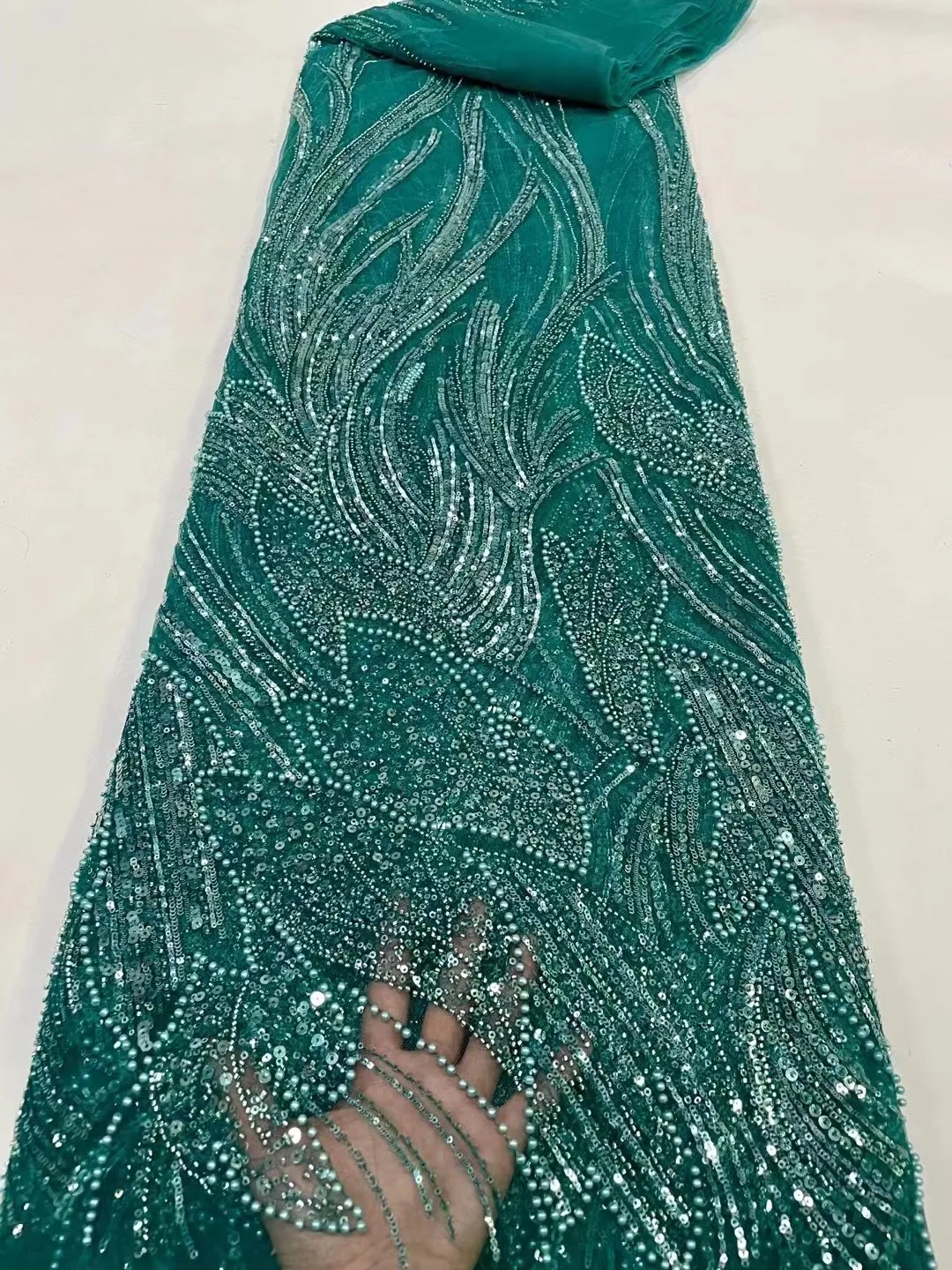 

2022 New Arrival Beaded French Net Lace Fabric African Sequins Tulle Lace Fabrics Embroidery With Pearl For Wedding Party Dress