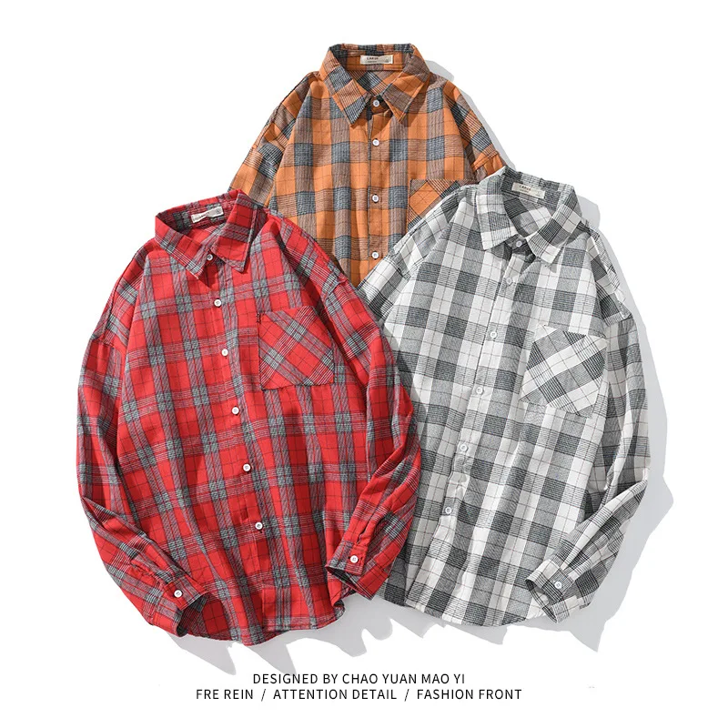 

2023 Spring Autumn New High Quality Casual Plaid Men's Loose Streetwear Long Sleeve Shirt Retro Flannel Plaid Shirts Male