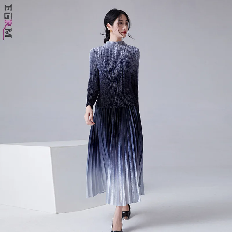 

EGRM 2024 Spring New Miyake Pleated Set Gradient Long Sleeved Tops&High Waist A-line Fold Skirt Women's Two Piece Sets 9GM4816