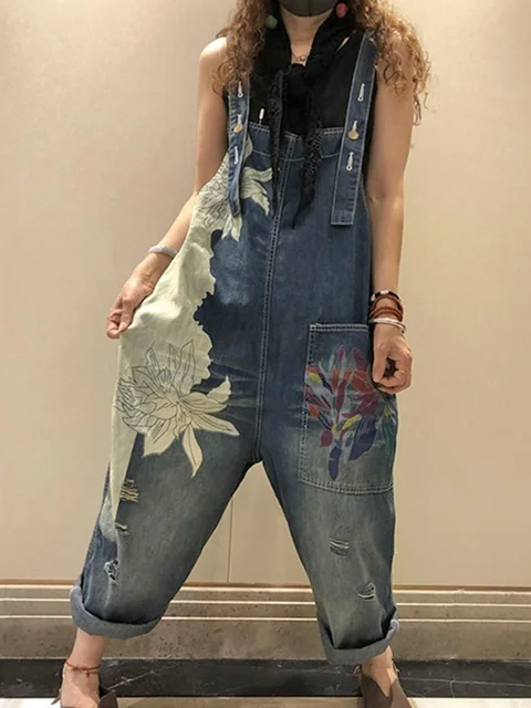 AmaxluluE 2025 femmes mode salopette dames été imprimé Denim Pantalons Vintage Jeans décontractés femmes ample Vintage Pantalon 6