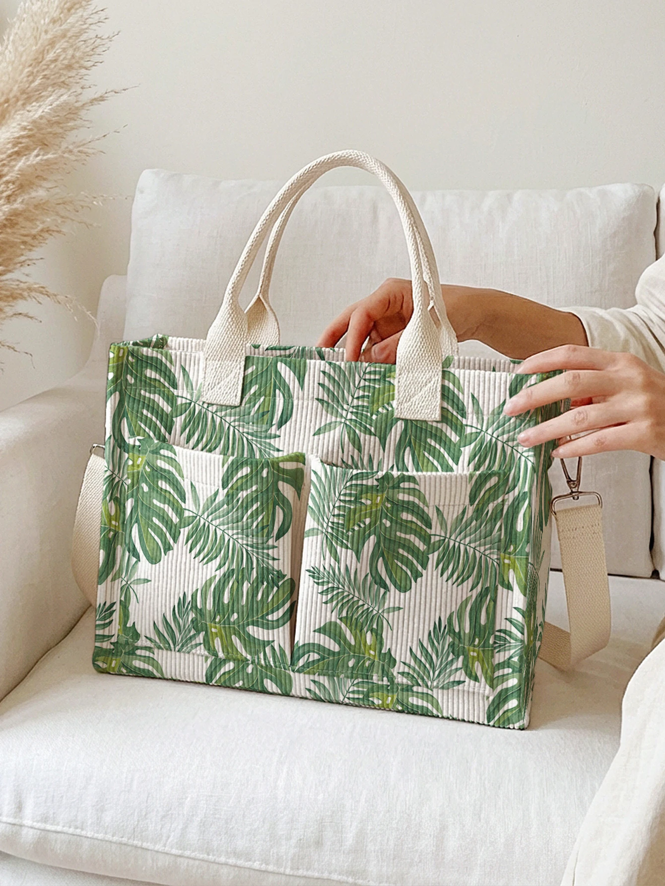Monstera Corduroy Tote Bag with Pockets 5