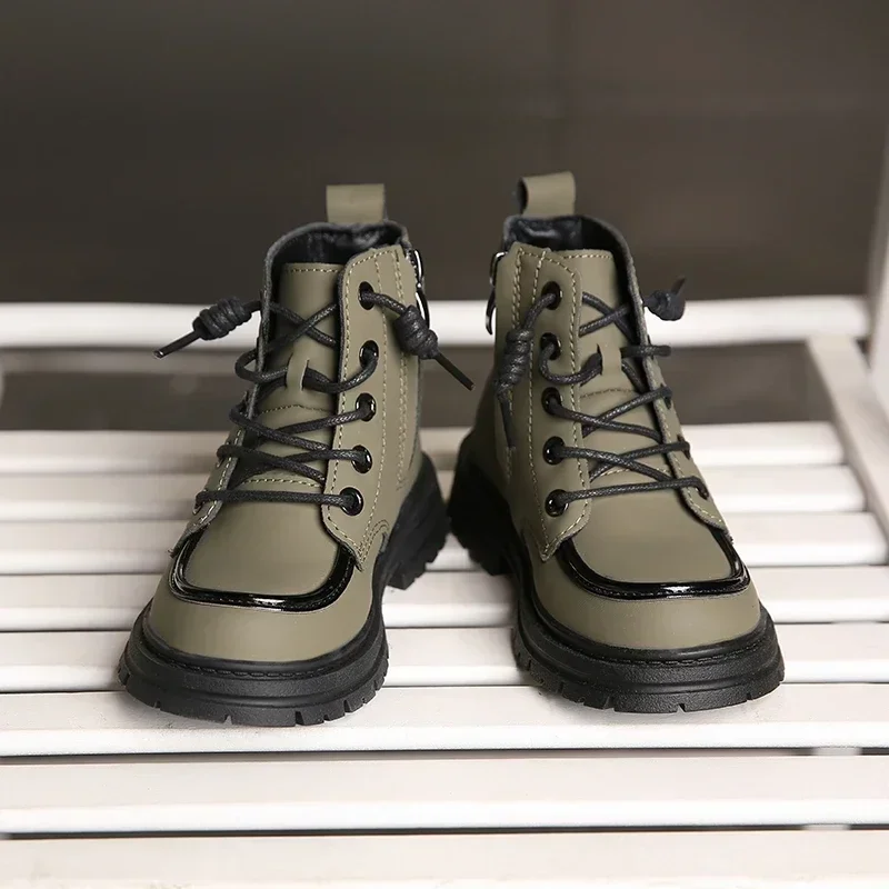 새로운 아동 부츠 부드러운 가죽 멋진 레이스업 트렌디 키즈 숏부츠 무광 PU 가죽 미끄럼 방지 유니섹스 남아 여아 신발 아동구두