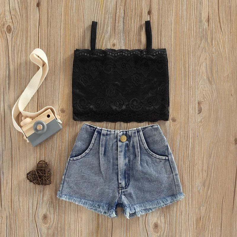 

Kids Girls Stylish Short Pants Outfits, Sleeveless Solid Color Lace Sling Tops + Tassel Hem Denim Shorts Set,1-6Years