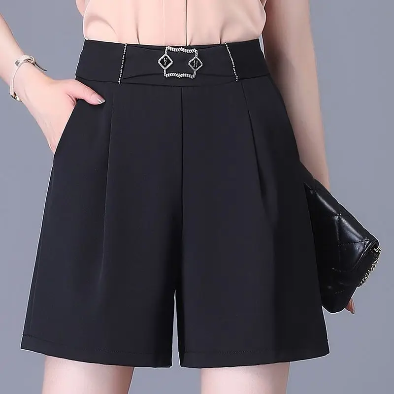 Summer New Women Solid Color Thin Elastic High Waist Bright Line Decoration Pocket Rucheda Casual Straight Wide Leg Suit Shorts