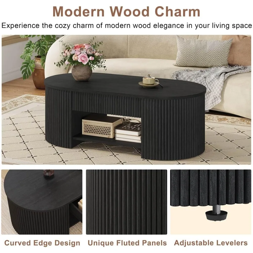 Modern Wood Fluted Coffee Table with Drawer & Shelf, Mid-Century Oval Living Room Storage Center Table (Black)