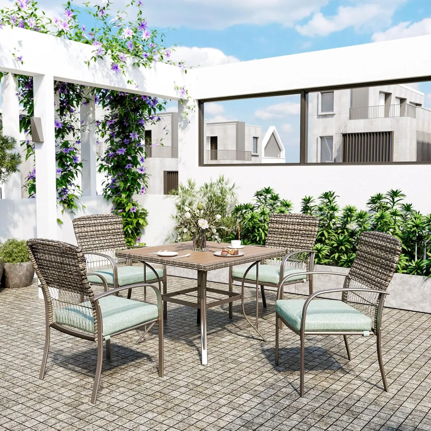5 Piece Patio Dining Set, Green, Weather Resistant PE Rattan Table and Chairs, Comfortable Cushions, Easy Maintenance 4