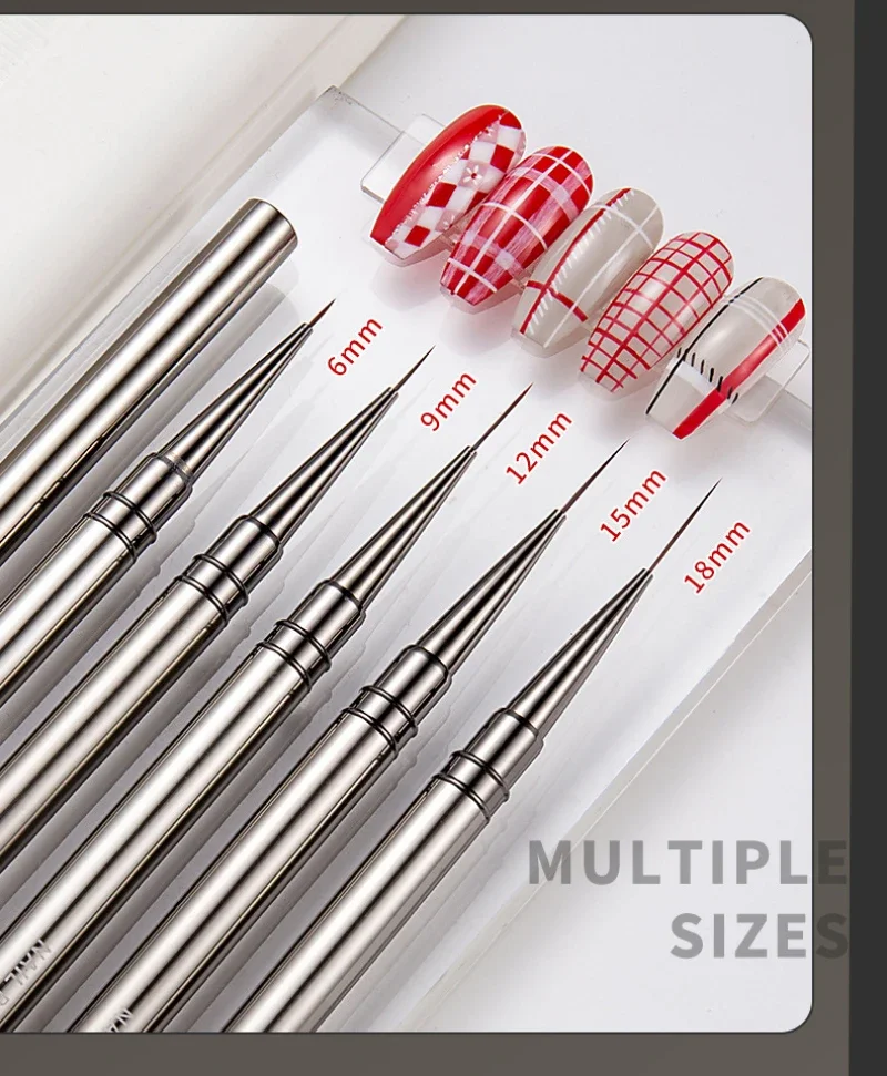 Description Picture 4 of item6/9/12/15/18mm Nail Liner Brush Drawing Lines Stripe Painting Flower Pen Metal Handle Nail Art Pen Nail Art Brush Manicure Tools