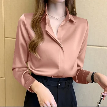 Women’s Vintage Satin Long Sleeve Blouse – Elegant Silk Top