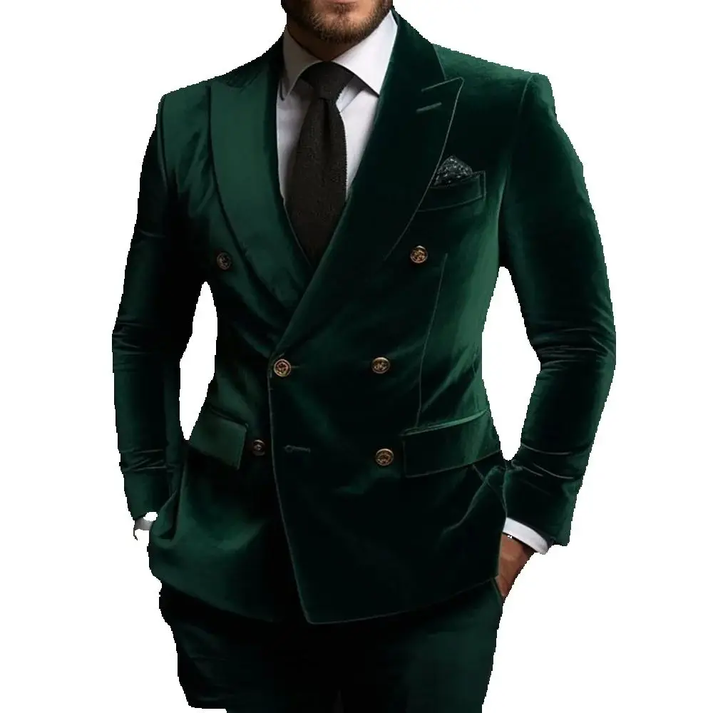 Green Velvet Men Suits Luxury Double Breasted Peak Lapel Regular Length Flat Front Blazer High Quality 2 Piece Jacket Pants 2024 2