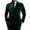 Green Velvet Men Suits Luxury Double Breasted Peak Lapel Regular Length Flat Front Blazer High Quality 2 Piece Jacket Pants 2024 2