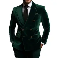 Green Velvet Men Suits Luxury Double Breasted Peak Lapel Regular Length Flat Front Blazer High Quality 2 Piece Jacket Pants 2024 2