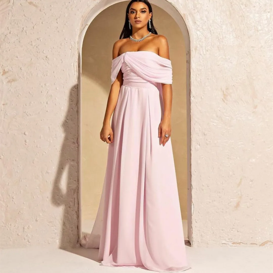 

BridalAffair Vintage Long Off Shoulder Chiffon Pink Evening Desses A-Line Pleated Muslim Floor Length Prom Dresses for Women