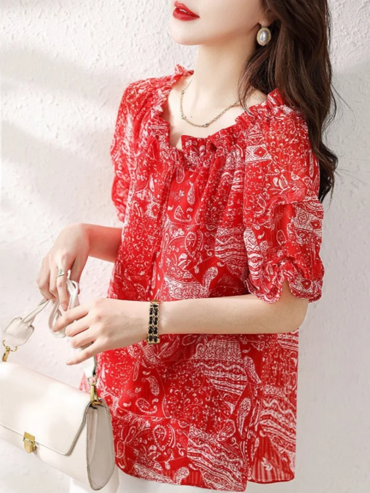 Summer Women's Waveselvedge Printed Chiffon Shirt Fashion Short Sleeve Cool Breathable Top Elegant Commuter Versatile Shirt