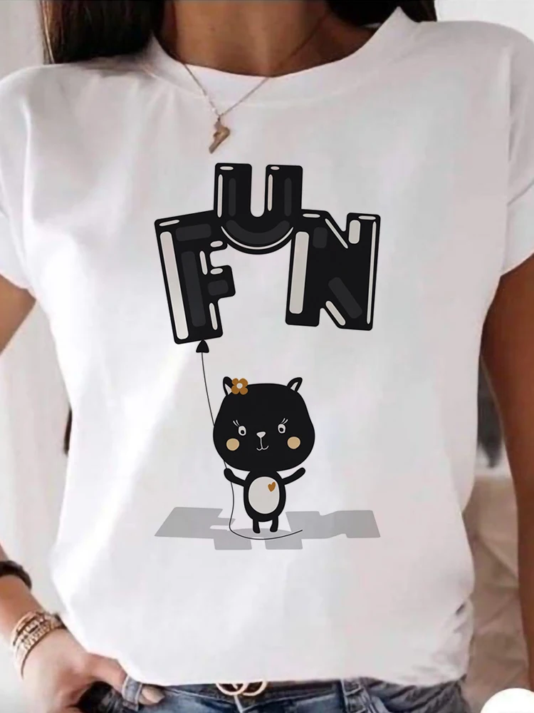 

Fashion Design Fun Letter Print Woman 's T-shirt Vintage Women Clothing Graphic Black Cat T Shirts Crewneck Streetwear Girl Top