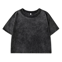 Solid Slim Washed Cotton Retro Crop T-Shirt - S (Black)
