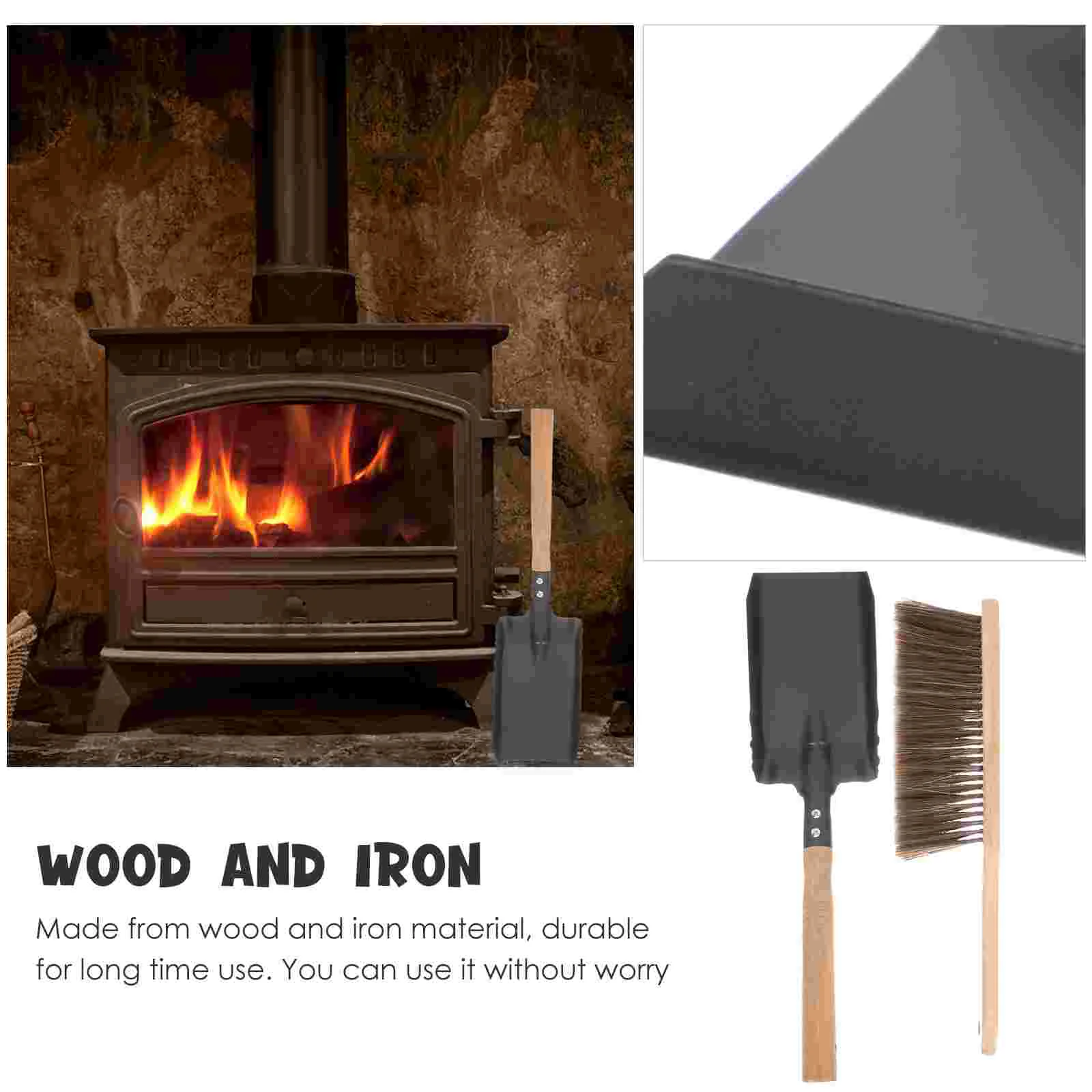 Charcoal Grill Fireplace Cleaning Set Outdoor Broom Stove Coals Dustpan Wooden