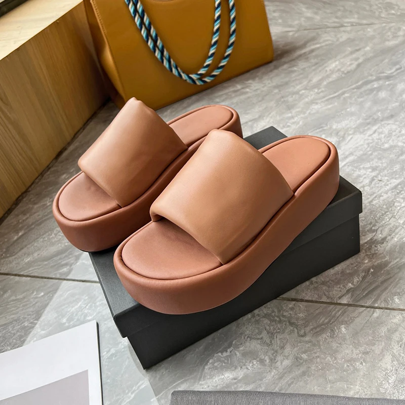 

Summer Leisure Female Lazy Slippers New Genuine Leather Material Thick Bottom Sandal Comfort Foot Feel Platform Women Home Shoes