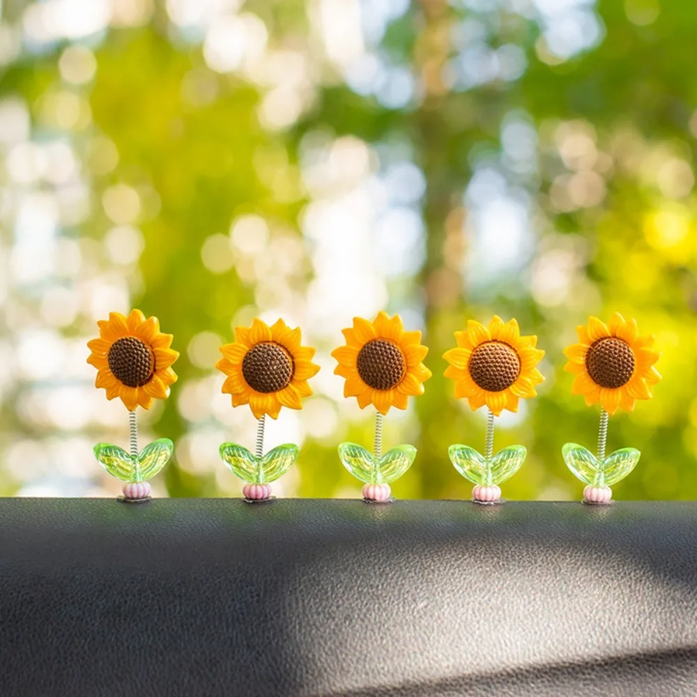 5 Pcs Shaky Car Swinging Flower Sunflower Design Resin Car Ornaments Cute Little Flowers Interesting Car Pendant Center Console