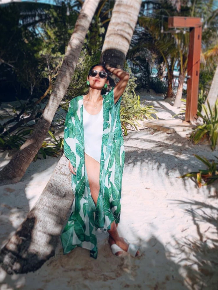 Print Chiffon Beach Cover up Tunics for Beach Long Kaftan Bikini Cover up Robe de Plage Sarong Swimsuit coverup #Q635