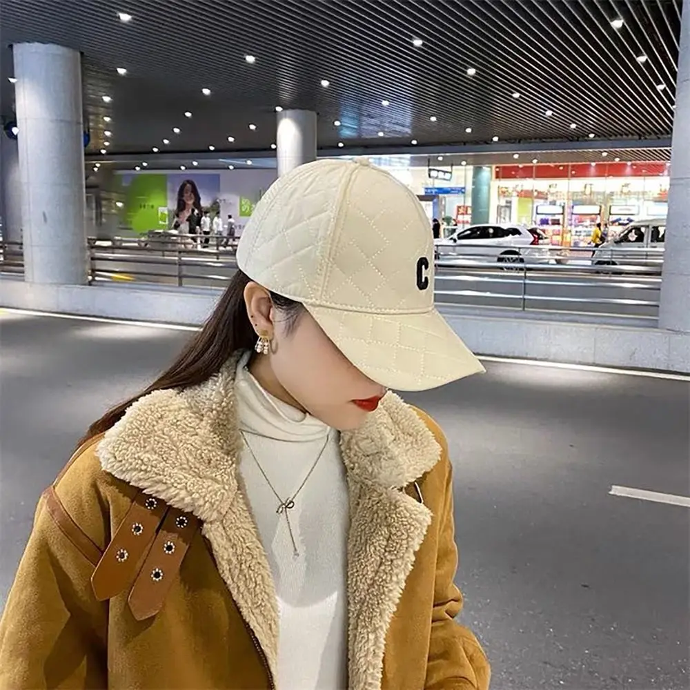 

Down Cotton Diamond Lattice Baseball Cap C Embroidery Ajustable Size Snapback Hat Winter Warm Hip Hop Cap Women Girls Maiden