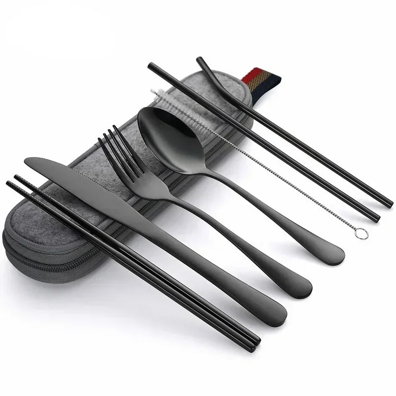 Camping Cutlery Set 8Pcs/set Tableware Reusable Travel Cutlery Set Camp Utensils Set with stainless steel Spoon Fork Chopsticks Straw Portable case