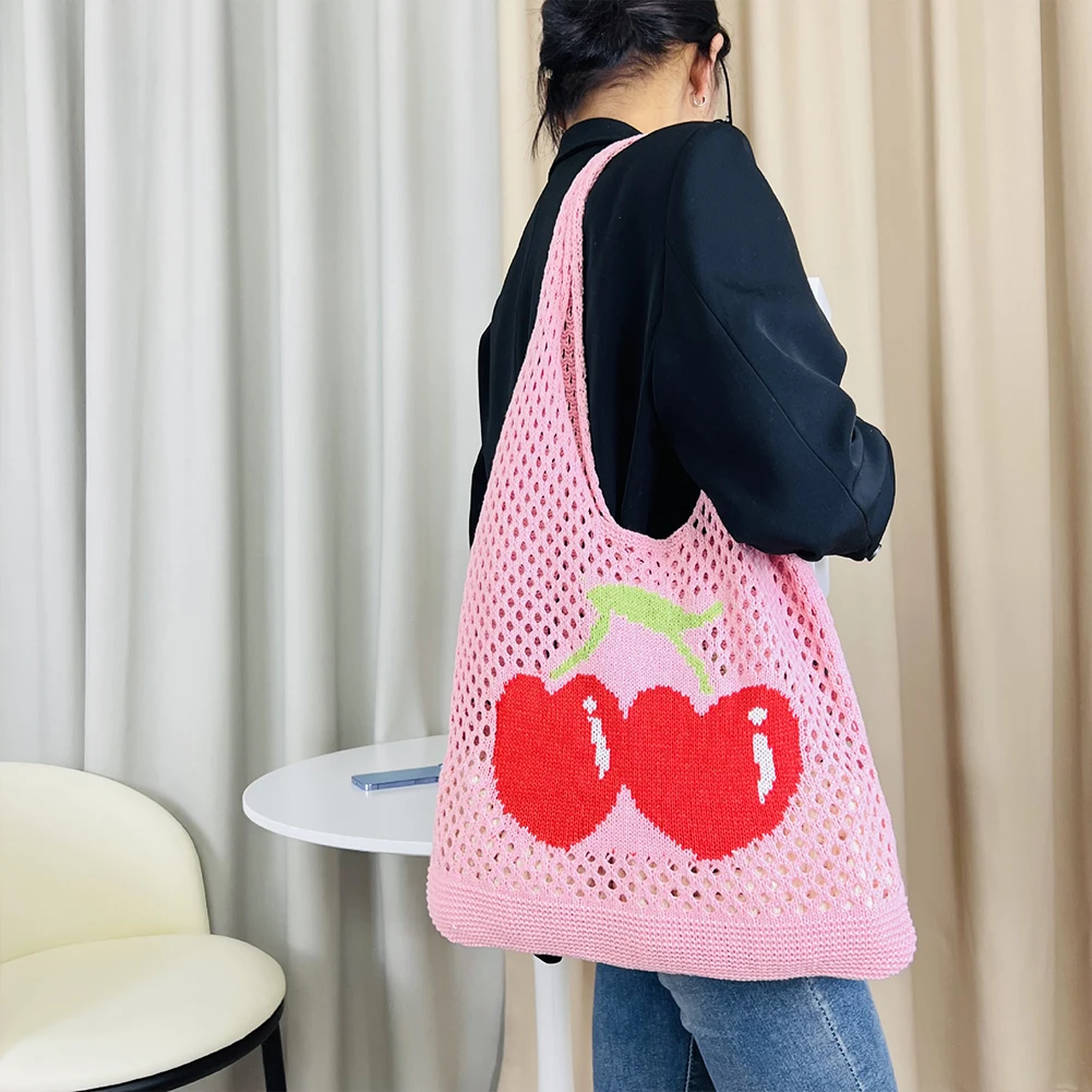 Trendy Crochet Bag for Women Cherry Tote Bags Woven Shoulder Bags Raffia Summer Beach Bag Female Travel Bag Luxury Handbag Purse