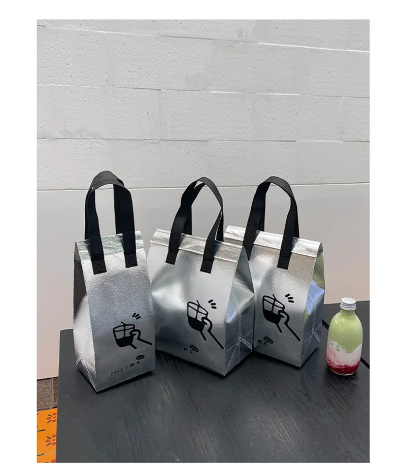 10pcs Silver Non-Woven Insulated Tote Bags, Reusable Fabric Pouches for Bread, Drinks, ... - SKU ITB01454 - UGI Packaging