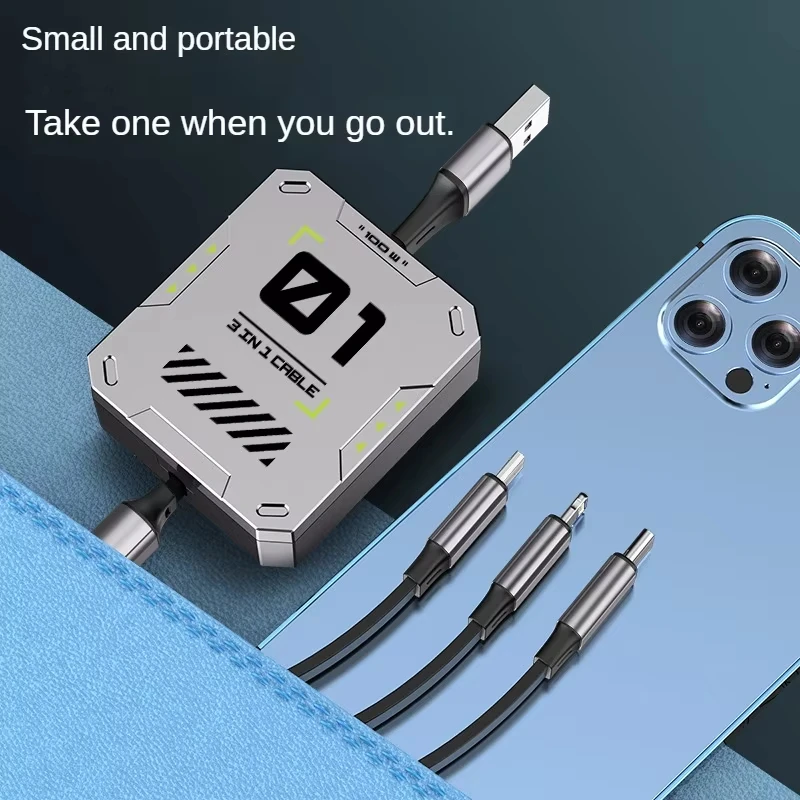 타입C 3 in 1 휴대폰 고속 충전 접이식 케이블 5A USB-C 데이터 케이블 마이크로 아이폰, 화웨이, 삼성 휴대폰 충전용