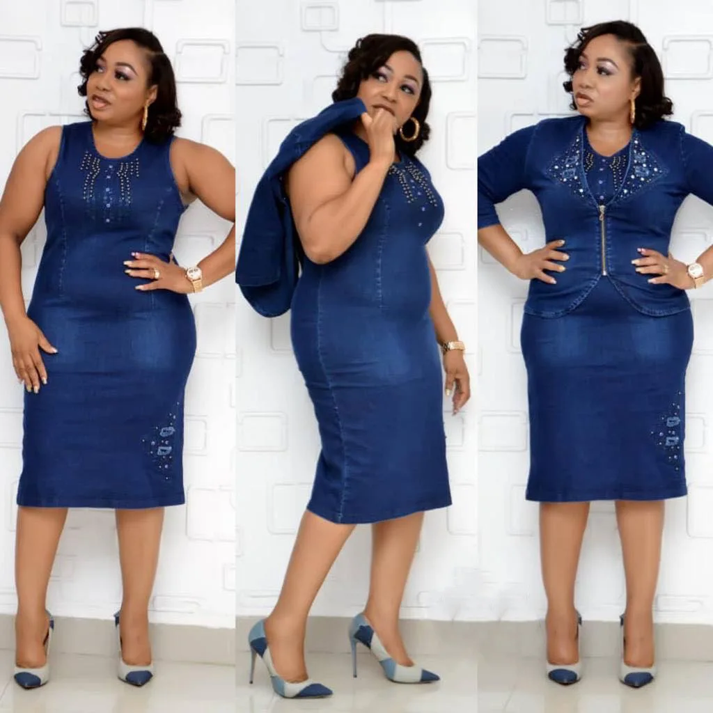 Plus Size Women Party Dresses Denim Jean Jacket Ripped Dress 2022 Fall Two Piece Set Female Luxury Gown Designer Clothing