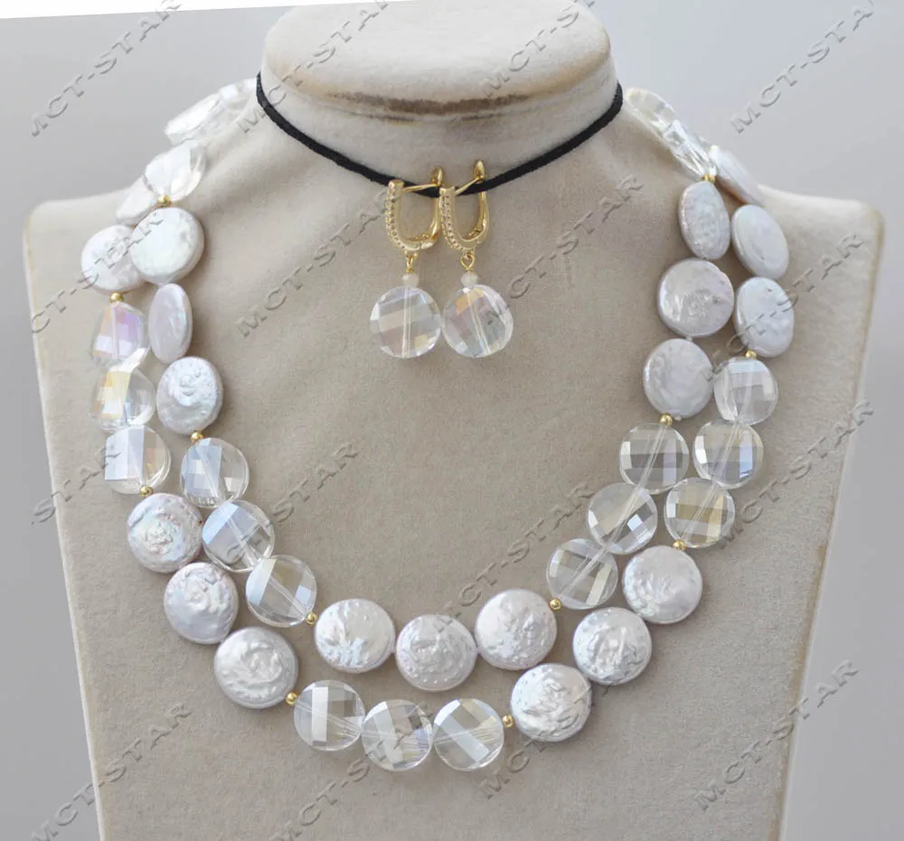 

MTC·STAR Z13259 33" 15mm White Coin Freshwater Pearl Faceted Clean Crystal Necklace Earring Custom Jewelry