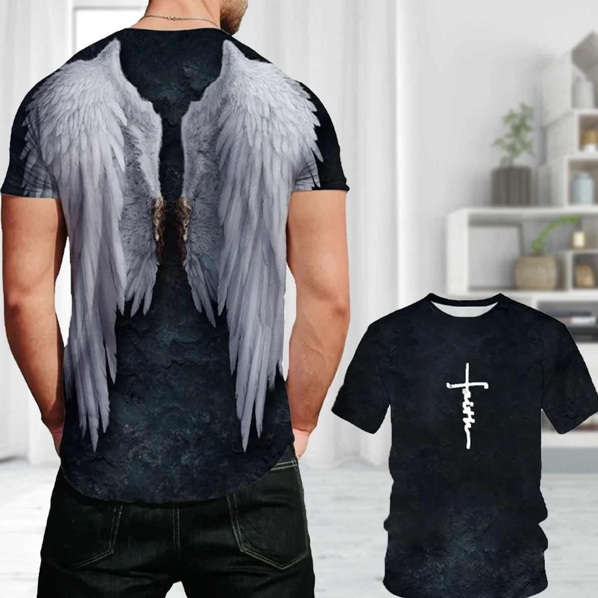 Dazzling Cool Men's T-shirt Angel Wings Cross 3D Printed