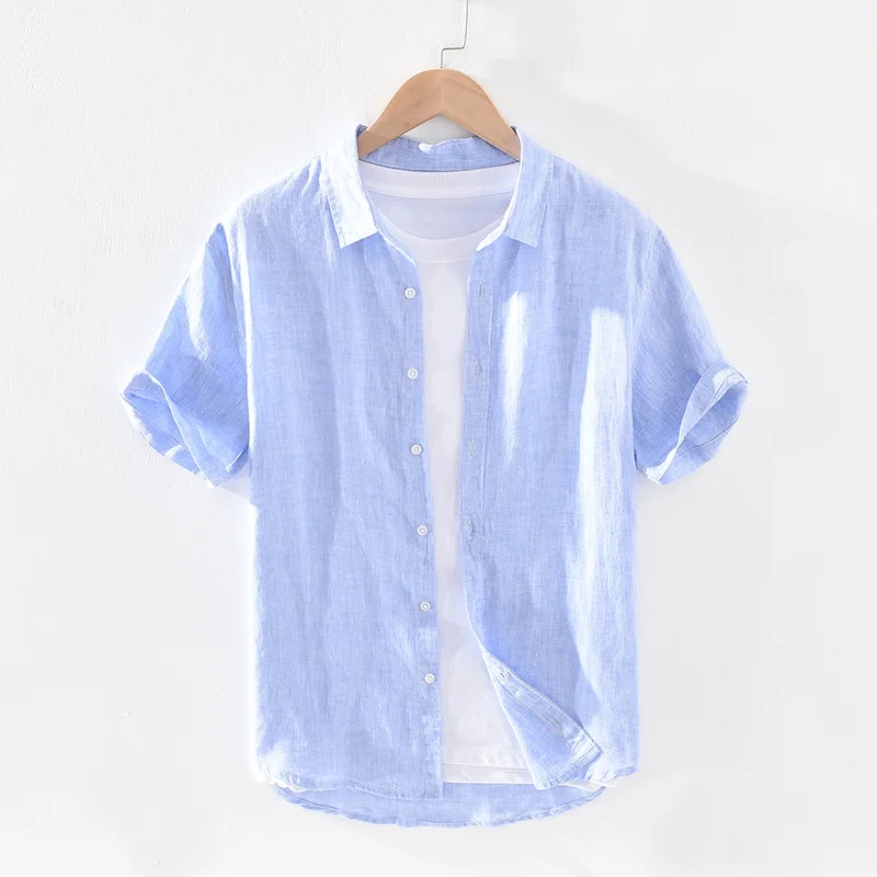 Pure Linen Short Sleeve Shirt for Men Summer New Japanese Fashion Tops Male Solid Gray Vintage Slim Fit Hemp Shirt