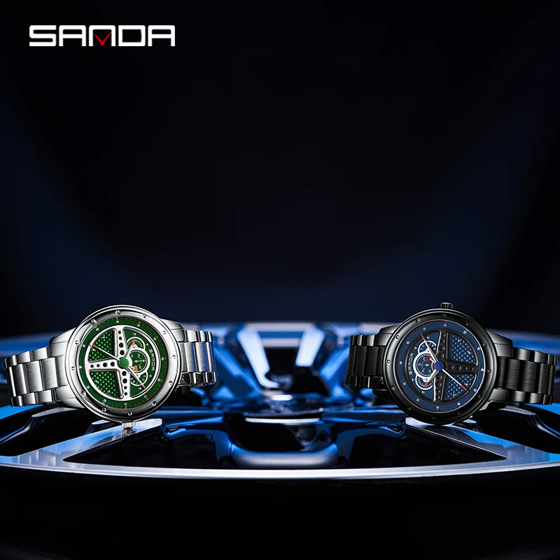 SANDA Men's Quartz Movement Watch Unique 3D Racing Steering Wheel Dial Design Creative Pointer Fashion Wristwatch Gift for Men