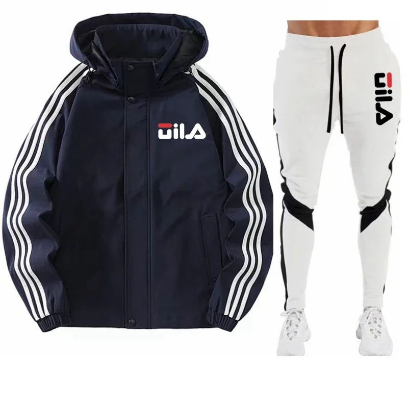 Casual fashion outdoor sports brand 2024 men's jacket + pants Spring and autumn 2-piece men's windproof zipper jacket