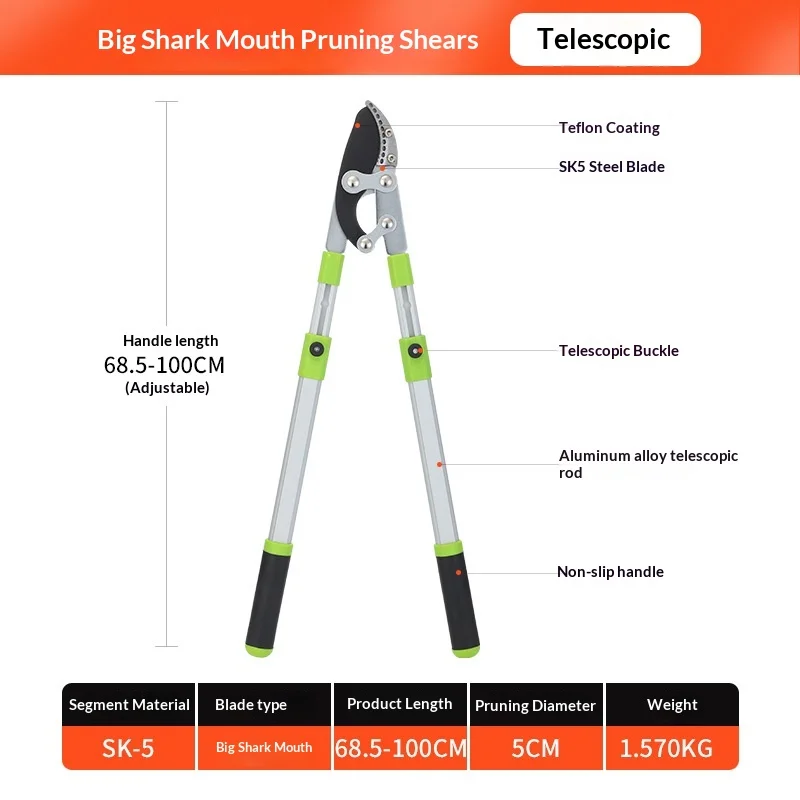 5cm 절단 용량의 샤크 조우형 정원 전정기, 확장형 알루미늄 손잡이가 있는 전..