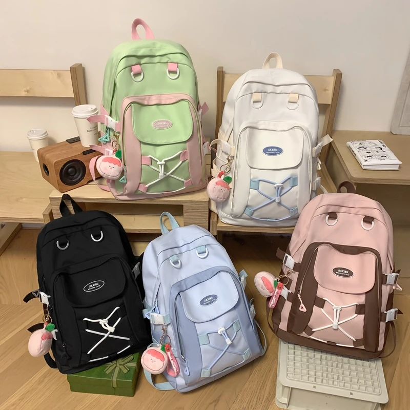 Letter Print Contrast Color String High Capacity Nylon School Bags 2024 Hot Sale Backpacks for Girls and Boys Mochilas Escolares