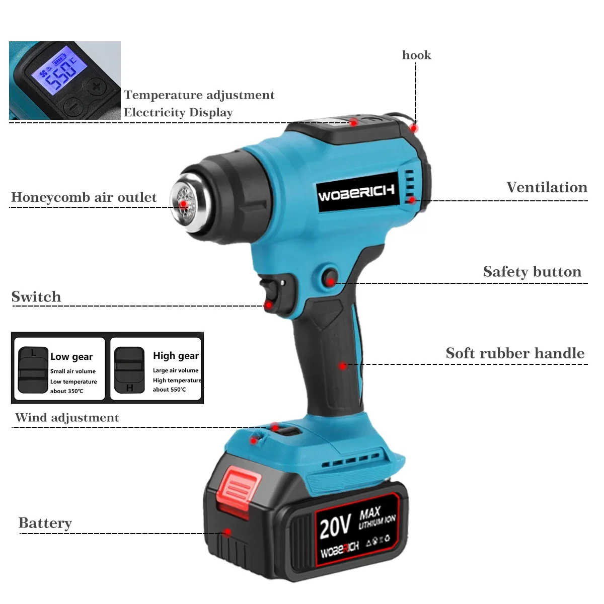 Portable Heat Gun Cordless Electric Heat Gun 30-550℃ LED Temperature Display with 3 Nozzle For Makita/WOBERICH 18V Battery 6