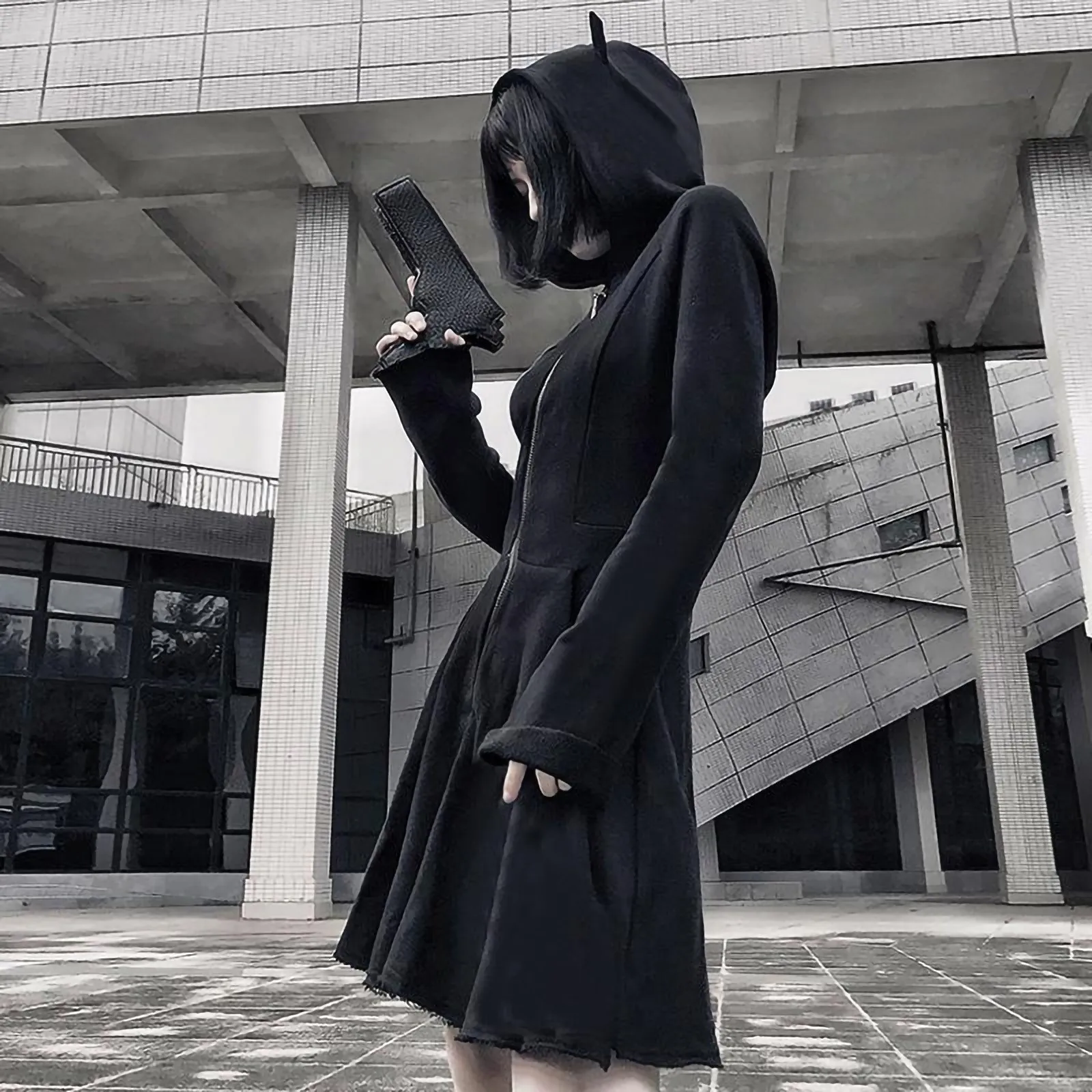 Y2k Black Gothic Hoodies Dress Womens Ears Hat Lace Up Sweatshirts Hooded Tops Harajuku Oversize Leisure Tracksuit Cardigan Coat