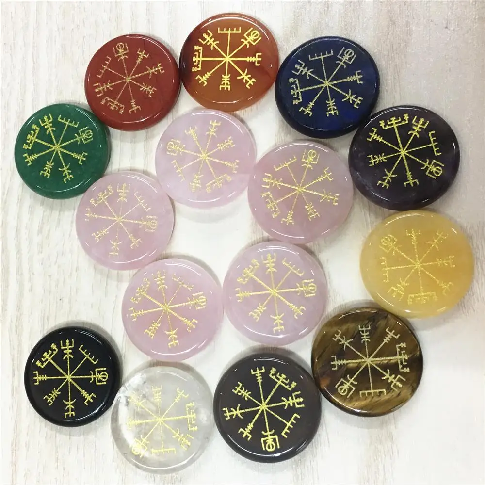 Hot Round Natural Agates Lapis Lazuli Palm Stone Vegvisir Viking Compass Rune Guardian Symbols Reiki Healing Crystals Wholesale