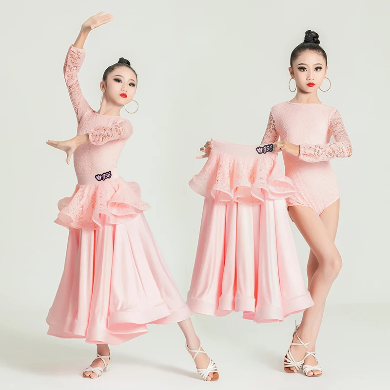 

Pink Ballroom Dance Costume Girls Lace Leotard Skirt Competition Dress Waltz Tango Dancing Stage Performance Clothing VDB7486