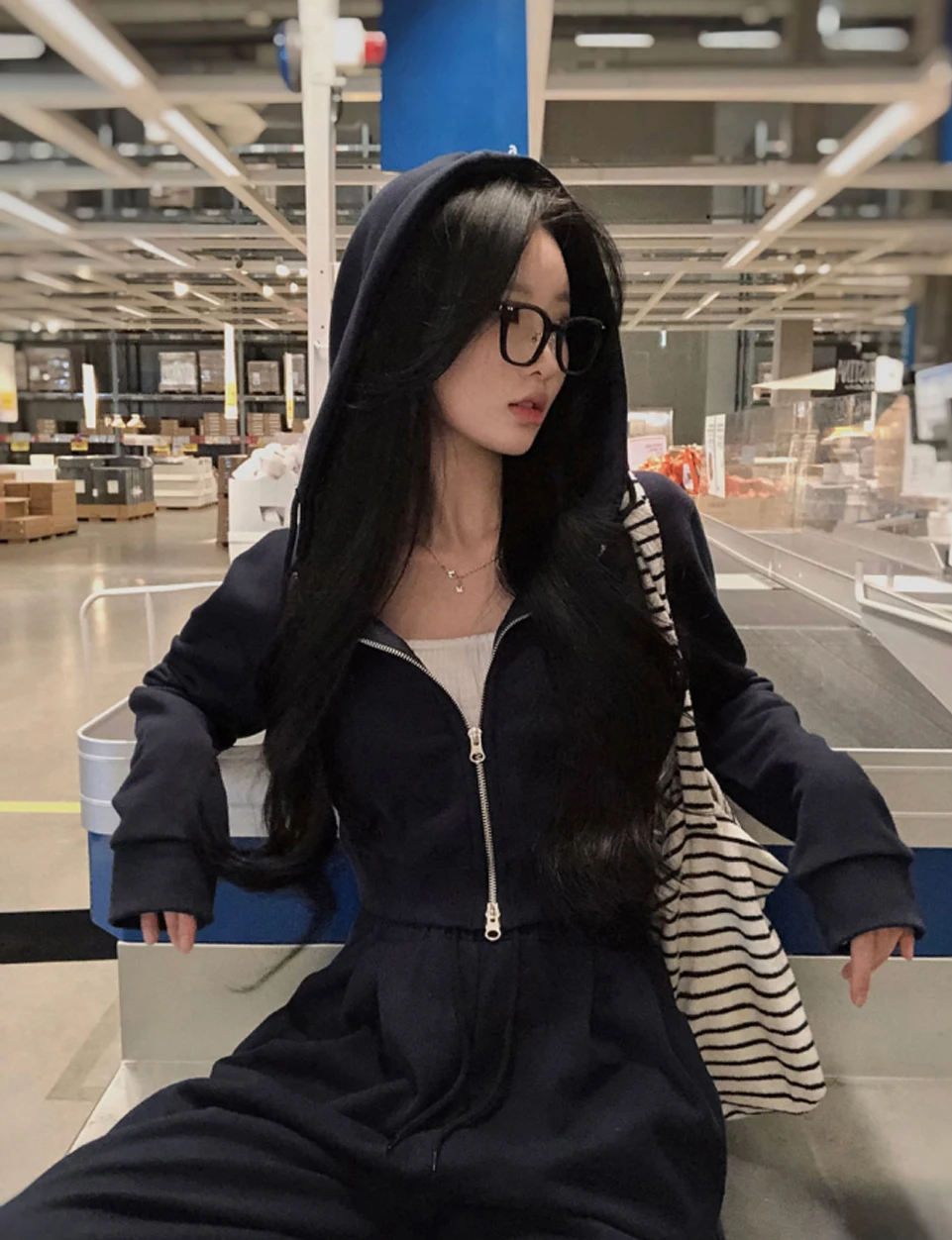 Korean Fashion Streetwear 2-piece Pants Set Women Tracksuit Autumn New Hooded Zip-up Crop Top Long Pants Casual Solid Outfits