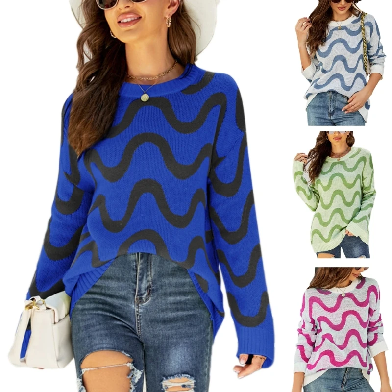 

N7YD Women’s Neck Knitted Sweater Long Sleeve Striped Print Pullover Jumper Top Casual Loose Oversized Sweater Tops
