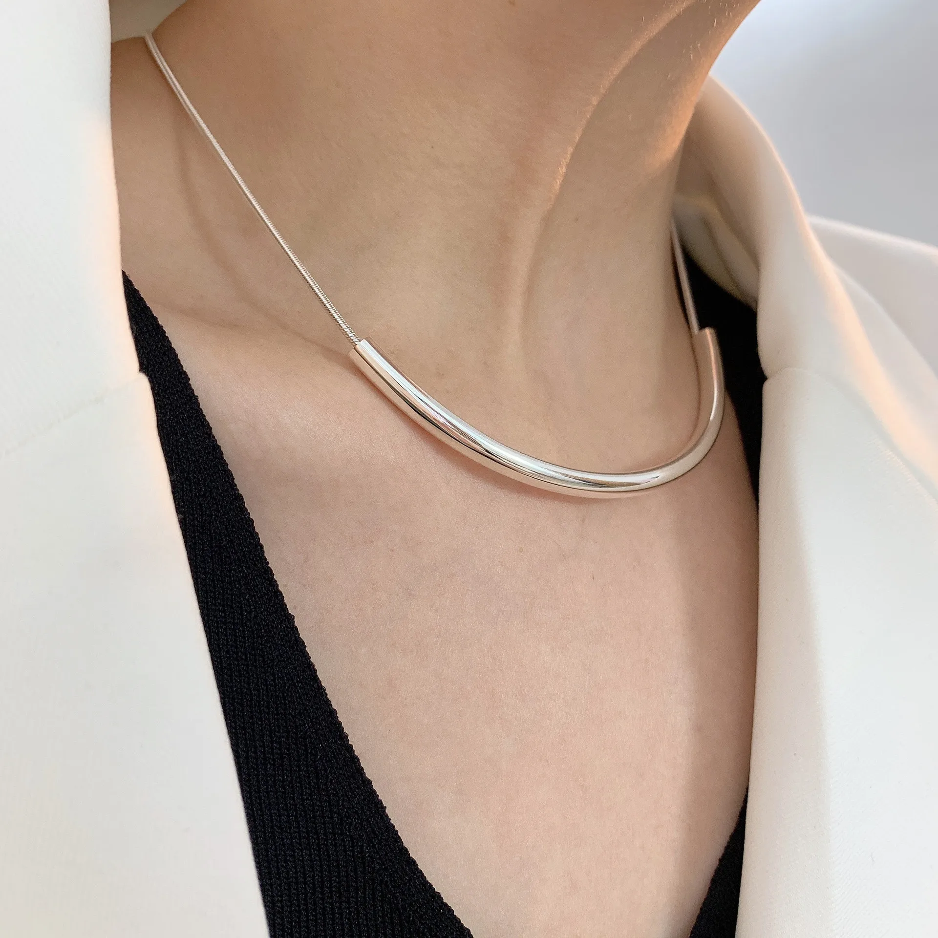 

New Fashion 925 Sterling Silver Arc Line Snake Chain Geometric Punk Pendant Necklace for Women Girl Jewelry Dropship Wholesale