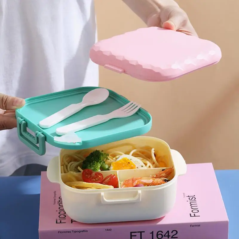 

3 Grid Square Lunch Containers Portable Lunch Box Food Storage Container With Fork Spoon Camping Accessories For Work School
