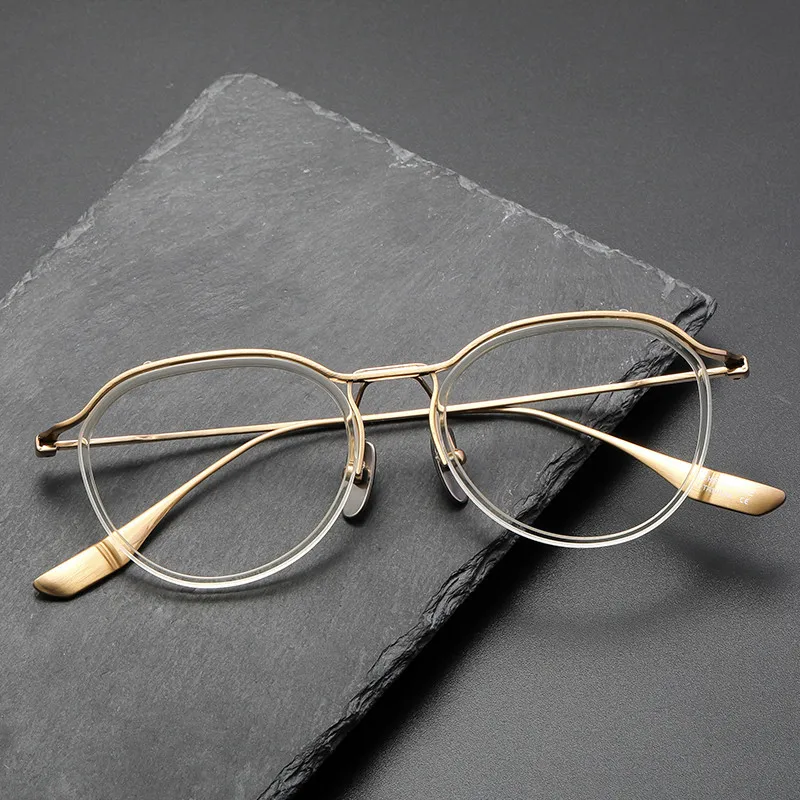 

Japanese Design Pure Titanium Glasses Frame Men Half-Rim Irregular Myopia Perscription Eyeglasses Women Round Optical Eyewear