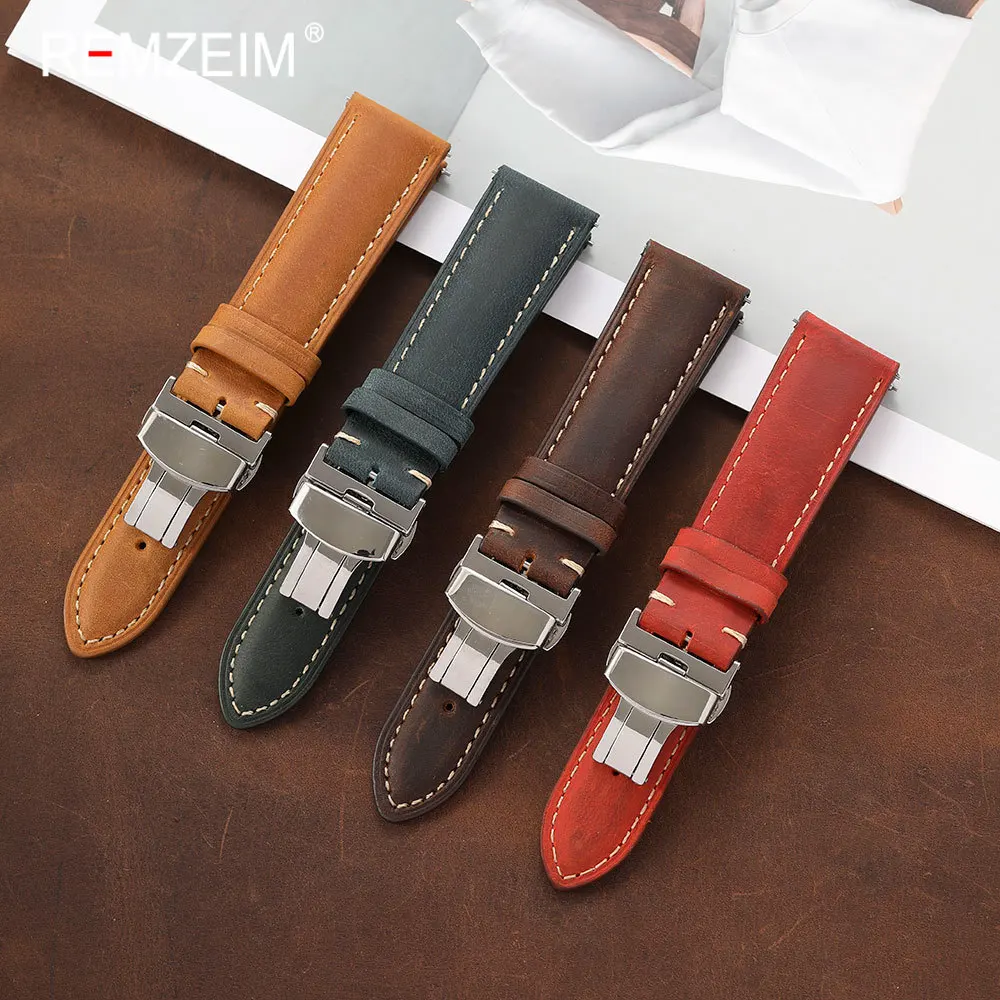 Deluxe Vintage Leather Watch Strap with Quick-Release Butterfly Buckle