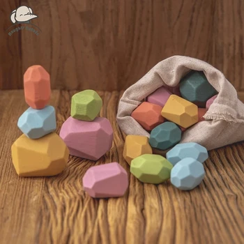 Wood Rainbow Stones Block Colorful Wooden Building Block Rainbow Stacker Balancing Stone Montessori Educational Toy Children 1