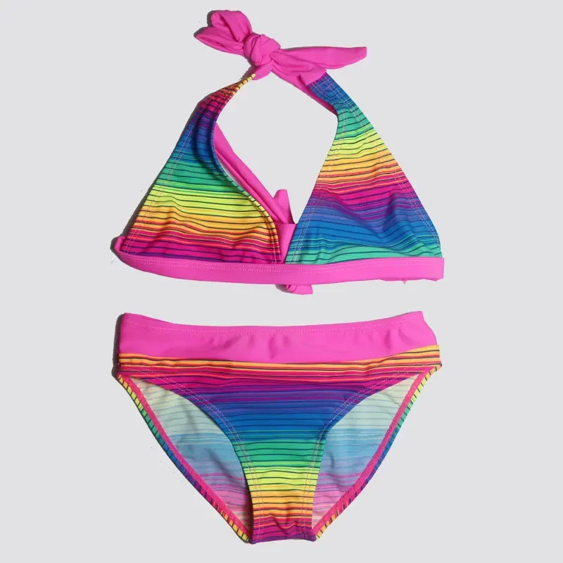 New Girl Rainbow Color Bathing Suit Girls Tight Elastic Stripe Swimwear Children Split Swimwear Girls Bikini Girl Beach Swimsuit