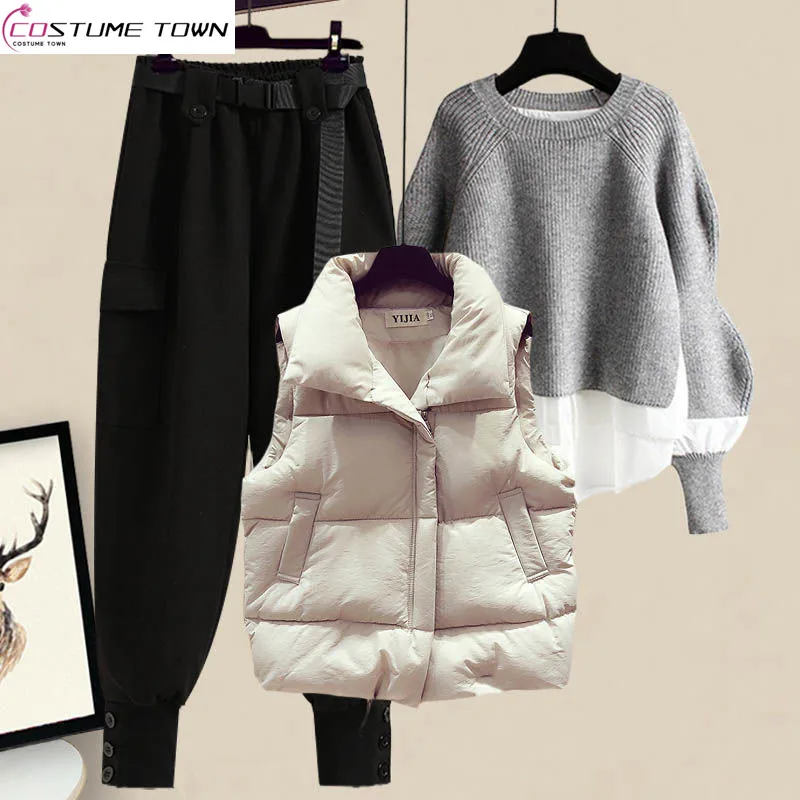 Oversized Women's Autumn and Winter Set 2023 New Style Wear Style Vest Shirt Slim Casual Pants Three Piece Set